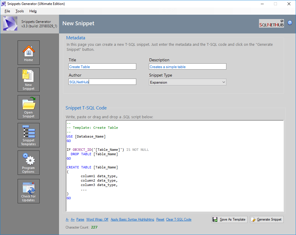 SQLNetHub's Snippets Generator - Creating a New Snippet