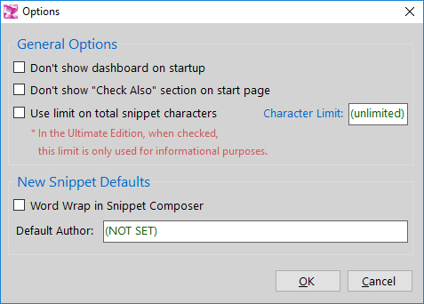 SQLNetHub's Snippets Generator - Program Options